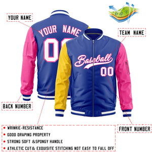 Custom Royal Gold Pink Varsity Full-Zip Raglan Sleeves Letterman Bomber Jacket