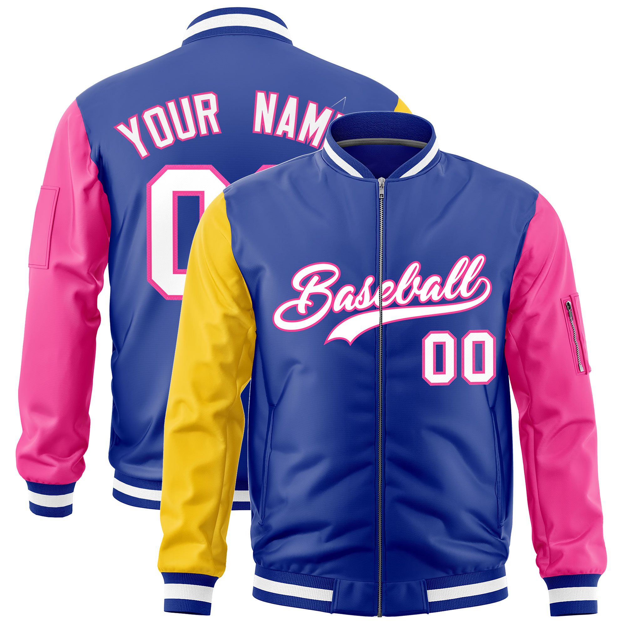 Custom Royal Gold Pink Varsity Full-Zip Raglan Sleeves Letterman Bomber Jacket