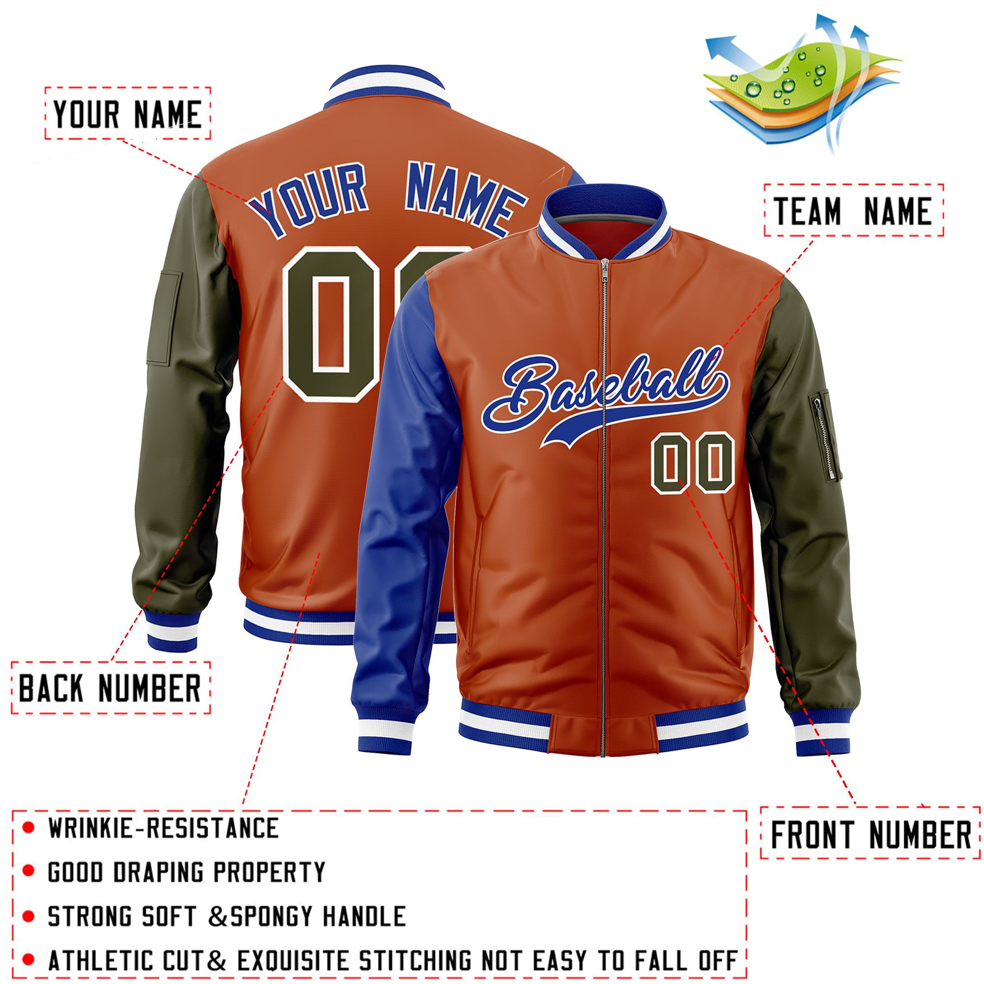 Custom Texas Orange Royal Olive Varsity Full-Zip Raglan Sleeves Letterman Bomber Jacket