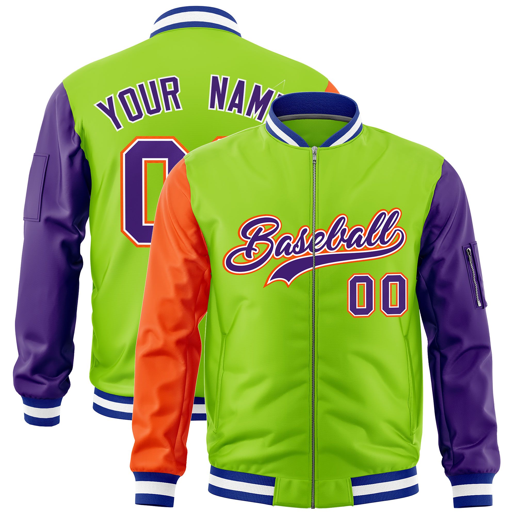 Custom Neon Green Orange Purple Varsity Full-Zip Raglan Sleeves Letterman Bomber Jacket