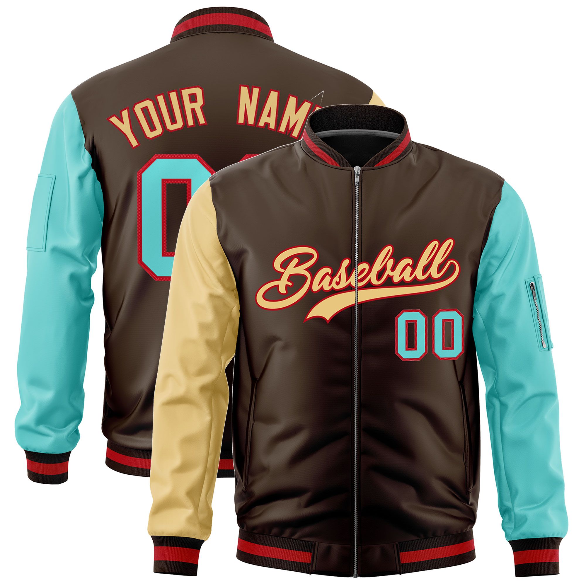 Custom Brown Old Gold Bright Green Varsity Full-Zip Raglan Sleeves Letterman Bomber Jacket