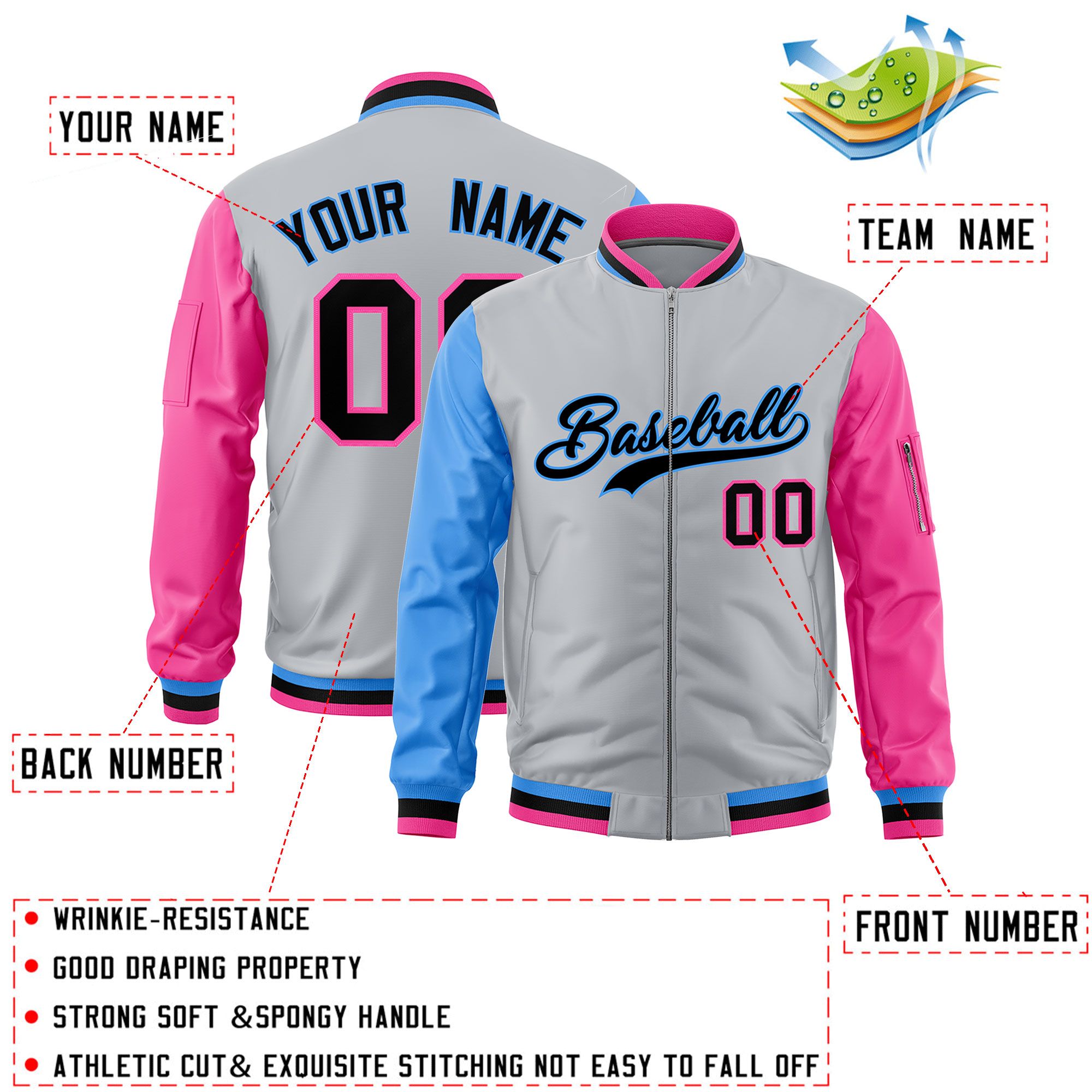 Custom Silver Powder Blue Pink Varsity Full-Zip Raglan Sleeves Letterman Bomber Jacket