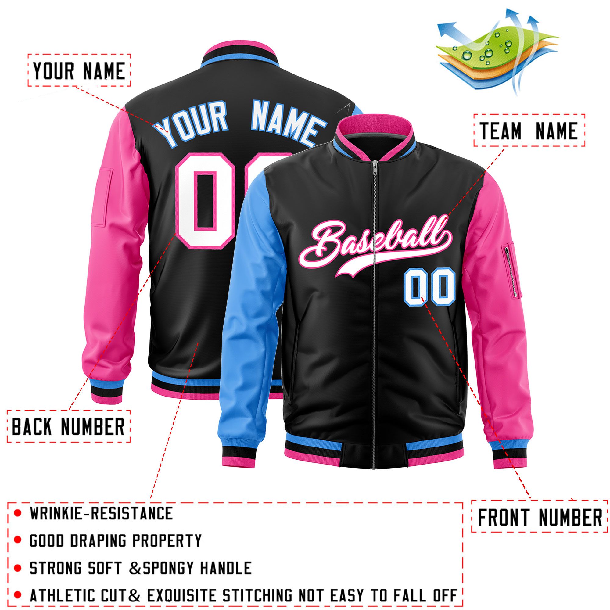 Custom Black Powder Blue Pink Varsity Full-Zip Raglan Sleeves Letterman Bomber Jacket