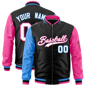 Custom Black Powder Blue Pink Varsity Full-Zip Raglan Sleeves Letterman Bomber Jacket