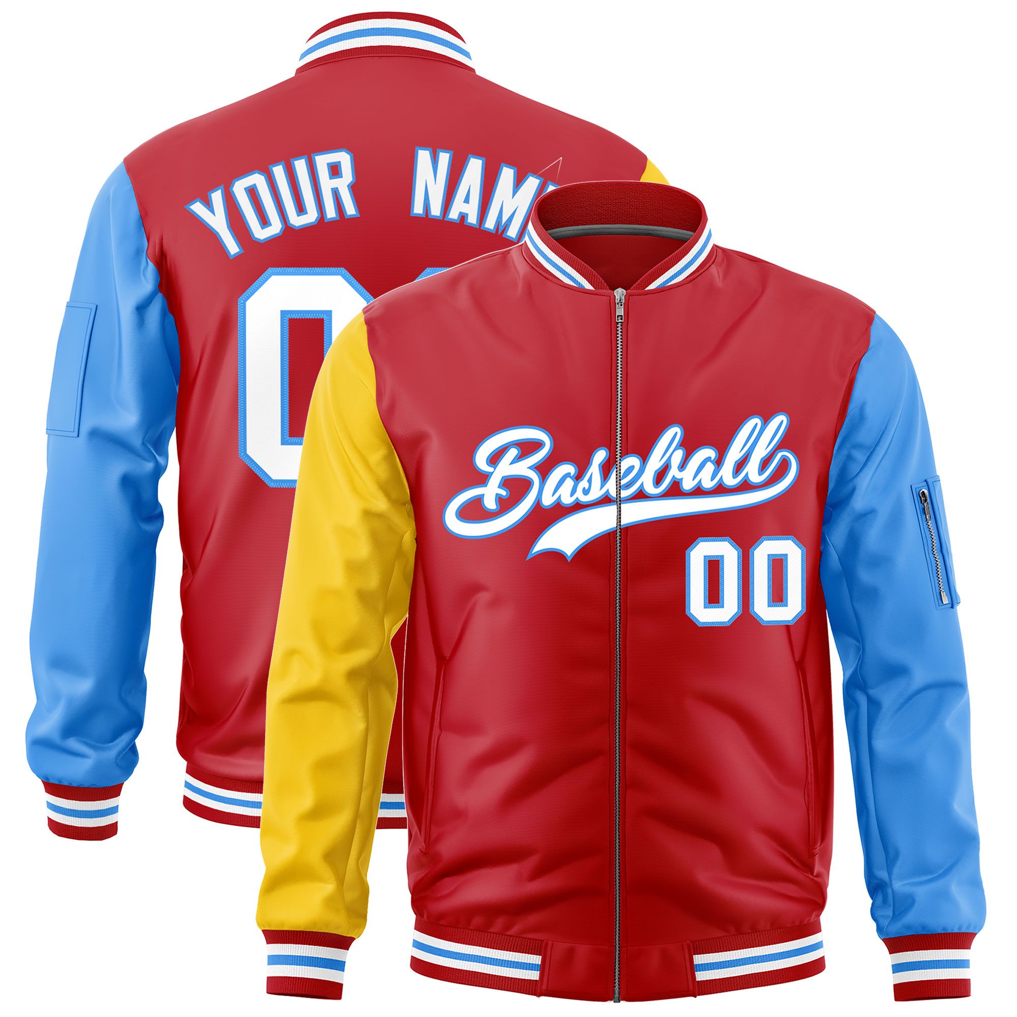 Custom Red Gold Powder Blue Varsity Full-Zip Raglan Sleeves Letterman Bomber Jacket