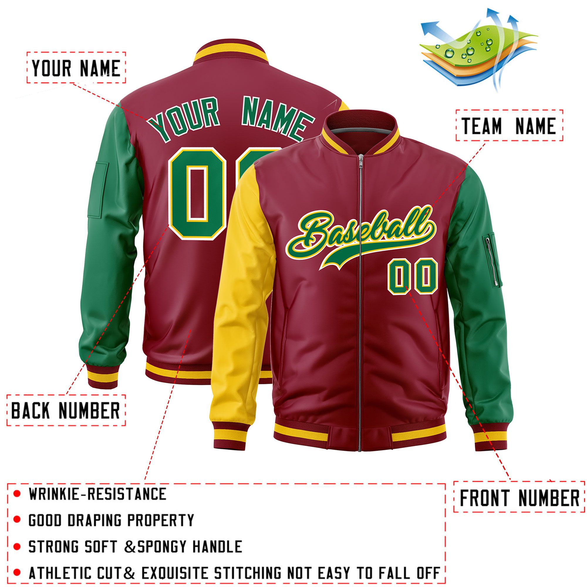 Custom Crimson Gold Kelly Green Varsity Full-Zip Raglan Sleeves Letterman Bomber Jacket