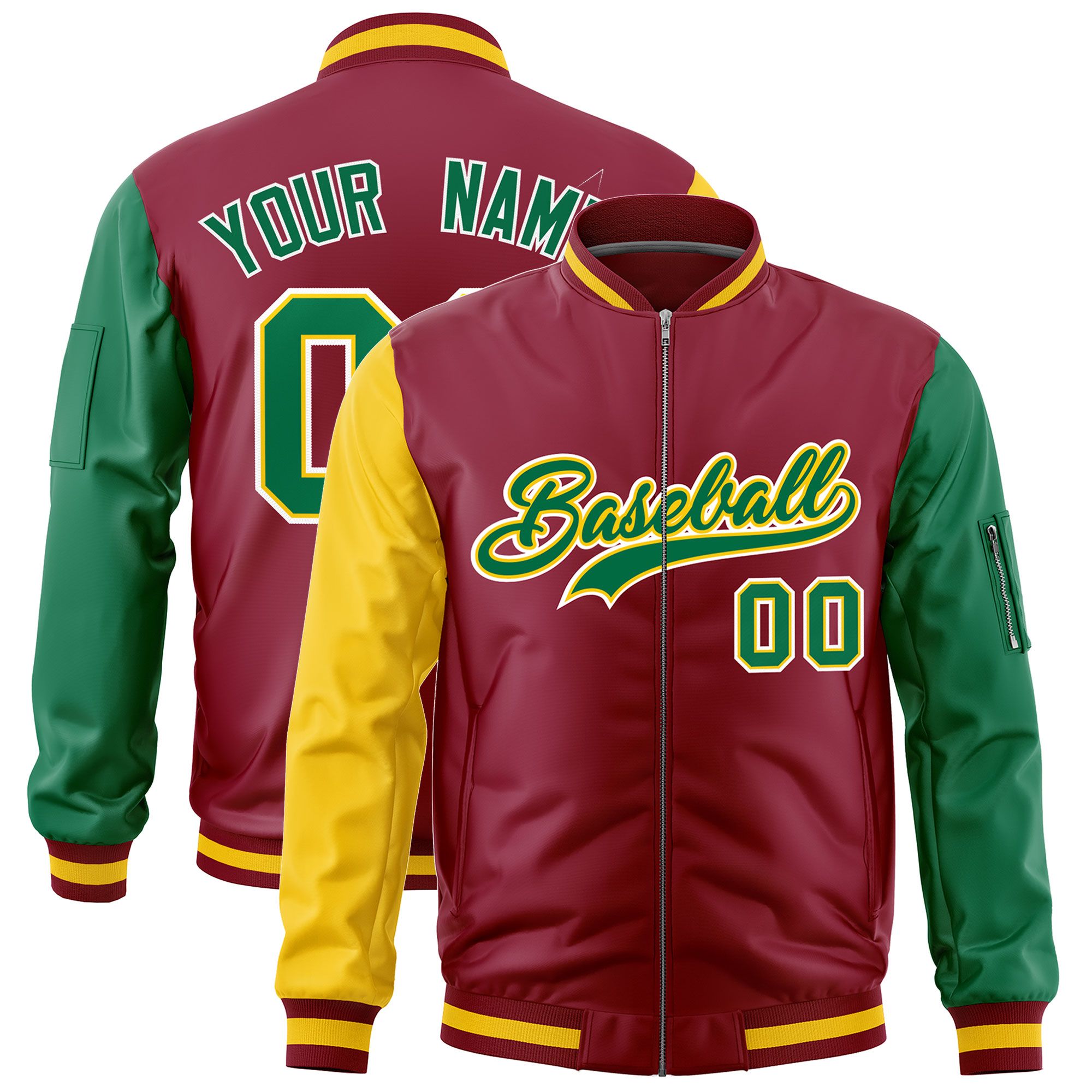 Custom Crimson Gold Kelly Green Varsity Full-Zip Raglan Sleeves Letterman Bomber Jacket