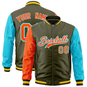 Custom Olive Orange Sky Blue Varsity Full-Zip Raglan Sleeves Letterman Bomber Jacket