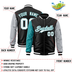 Custom Black Aqua Silver Varsity Full-Zip Raglan Sleeves Letterman Bomber Jacket