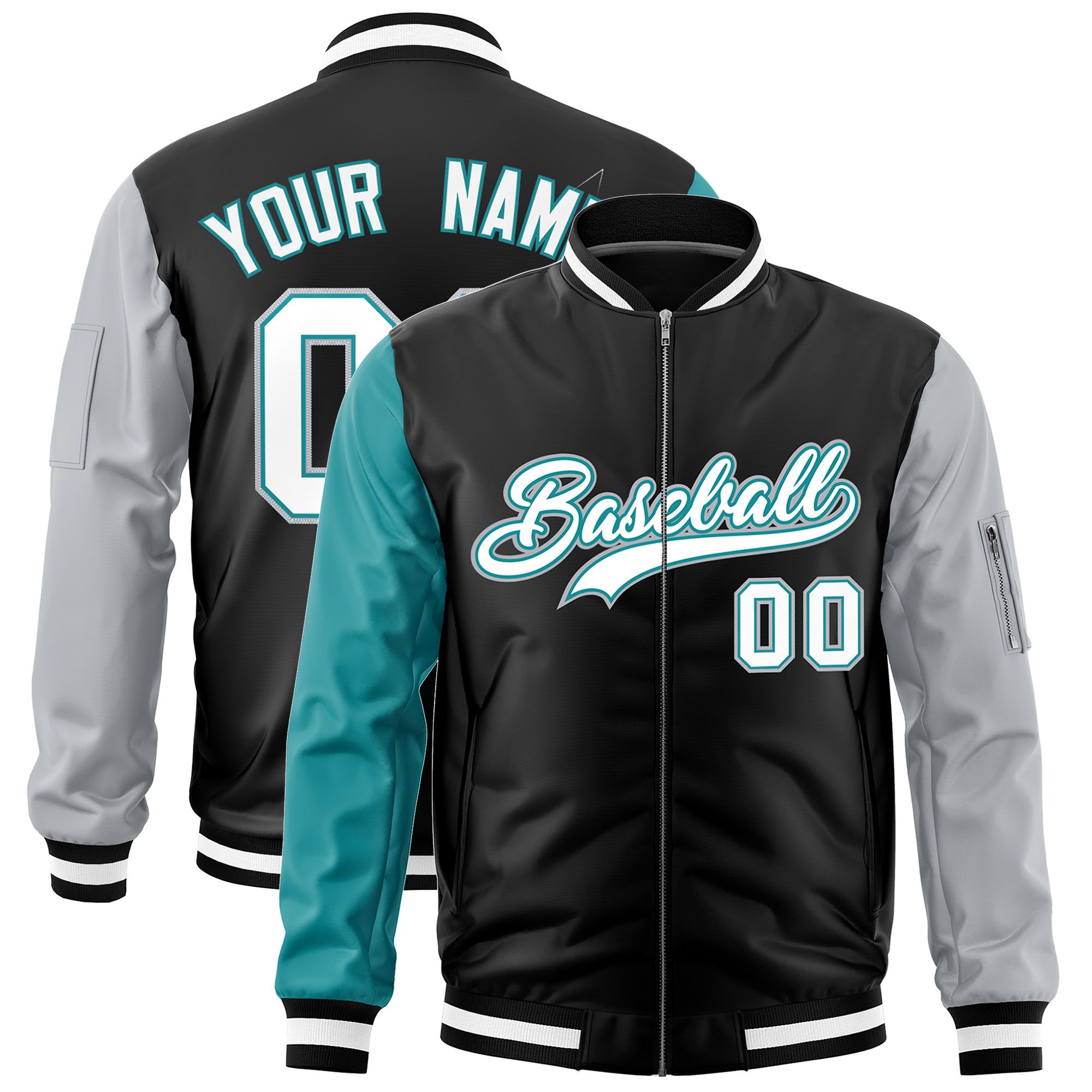 Custom Black Aqua Silver Varsity Full-Zip Raglan Sleeves Letterman Bomber Jacket