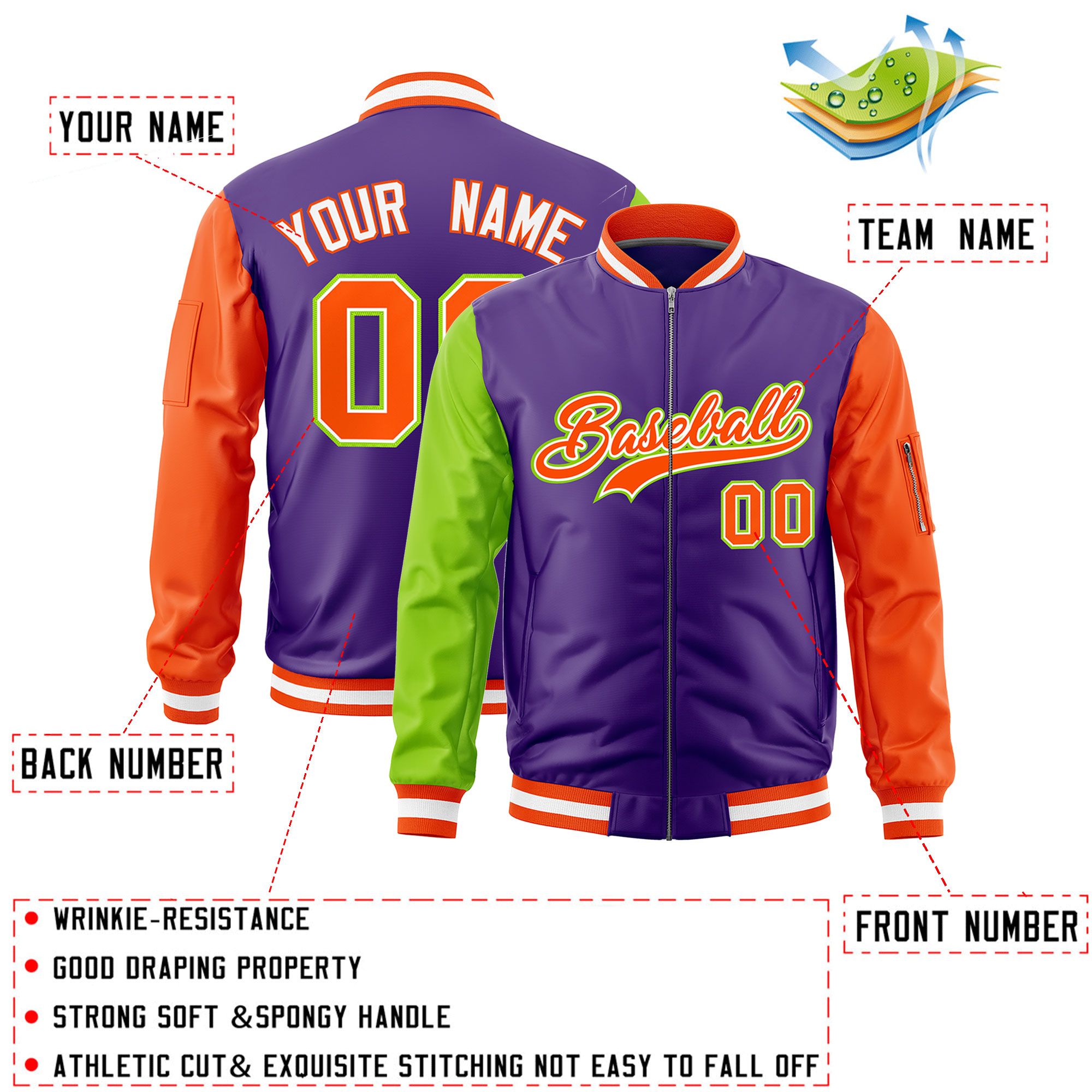 Custom Purple Neon Green Orange Varsity Full-Zip Raglan Sleeves Letterman Bomber Jacket