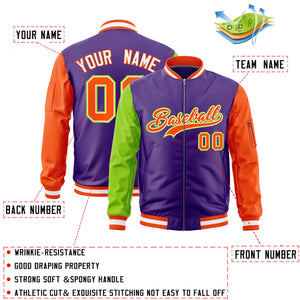 Custom Purple Neon Green Orange Varsity Full-Zip Raglan Sleeves Letterman Bomber Jacket