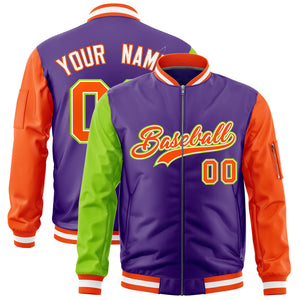 Custom Purple Neon Green Orange Varsity Full-Zip Raglan Sleeves Letterman Bomber Jacket