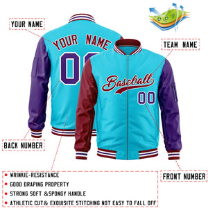 Custom Sky Blue Crimson Purple Varsity Full-Zip Raglan Sleeves Letterman Bomber Jacket