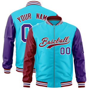 Custom Sky Blue Crimson Purple Varsity Full-Zip Raglan Sleeves Letterman Bomber Jacket