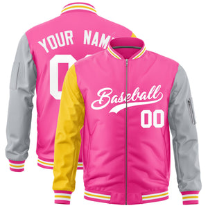 Custom Pink Gold Silver Varsity Full-Zip Raglan Sleeves Letterman Bomber Jacket