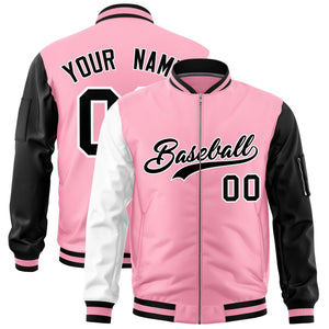 Custom Light Pink White Black Varsity Full-Zip Raglan Sleeves Letterman Bomber Jacket