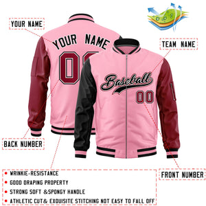 Custom Light Pink Black Crimson Varsity Full-Zip Raglan Sleeves Letterman Bomber Jacket