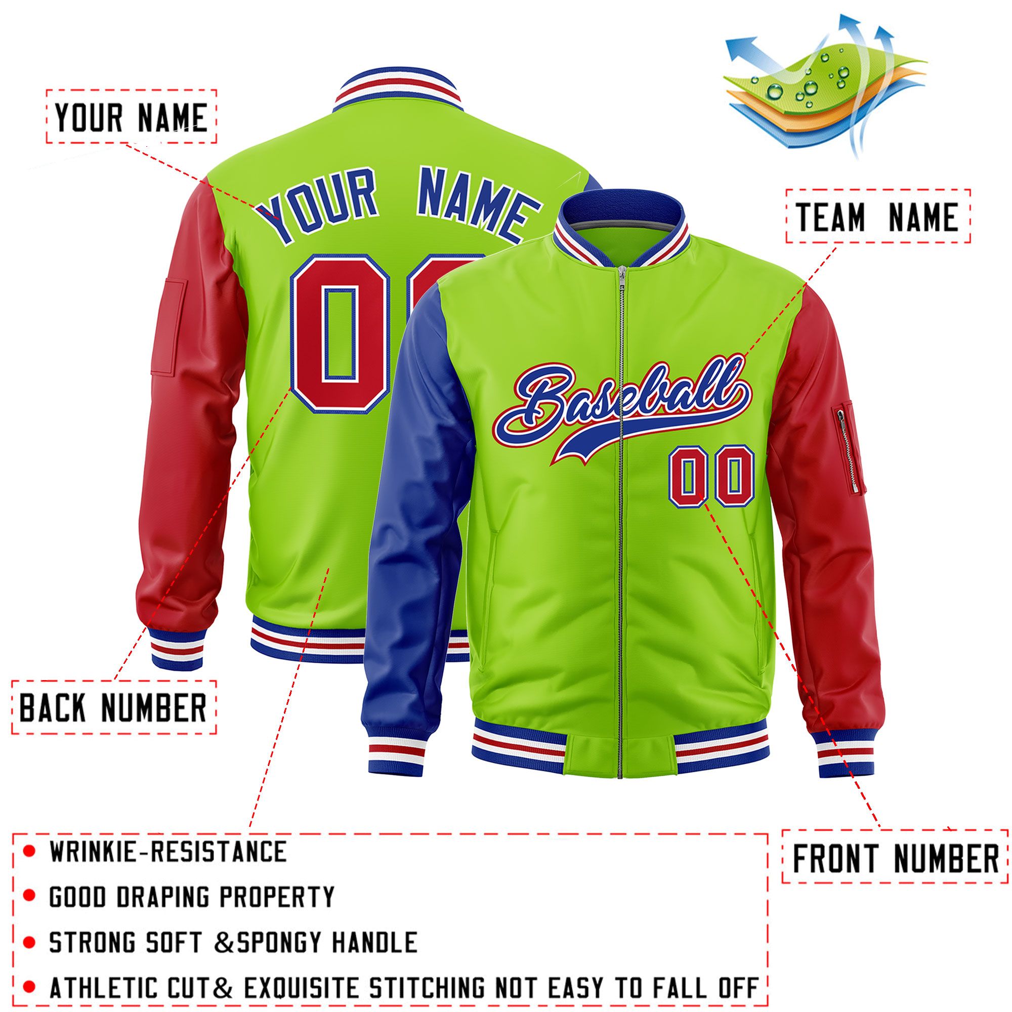 Custom Neon Green Royal Red Varsity Full-Zip Raglan Sleeves Letterman Bomber Jacket