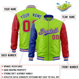 Custom Neon Green Royal Red Varsity Full-Zip Raglan Sleeves Letterman Bomber Jacket