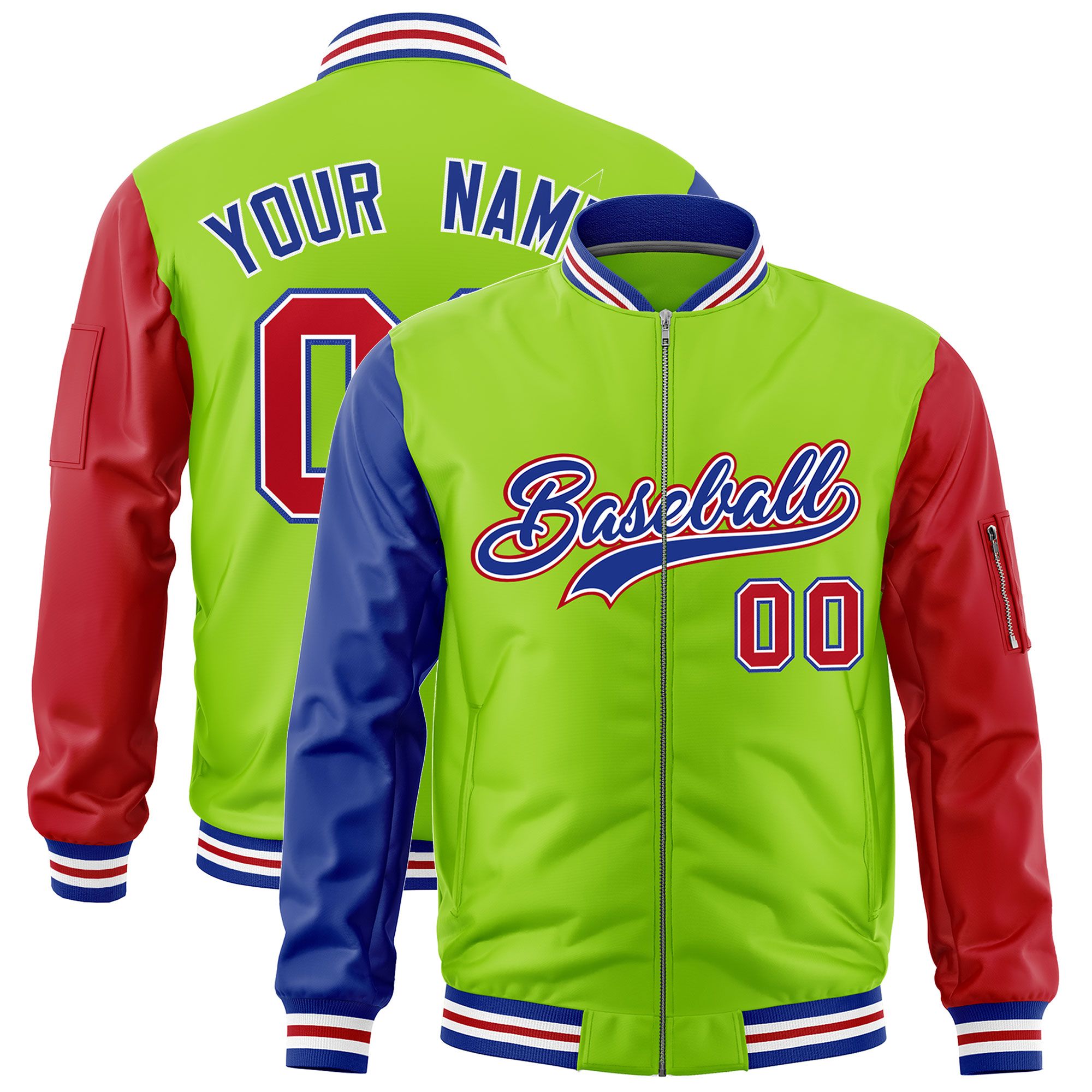 Custom Neon Green Royal Red Varsity Full-Zip Raglan Sleeves Letterman Bomber Jacket