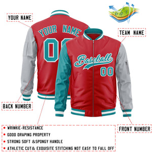 Custom Red Aqua Silver Varsity Full-Zip Raglan Sleeves Letterman Bomber Jacket