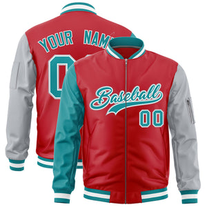 Custom Red Aqua Silver Varsity Full-Zip Raglan Sleeves Letterman Bomber Jacket