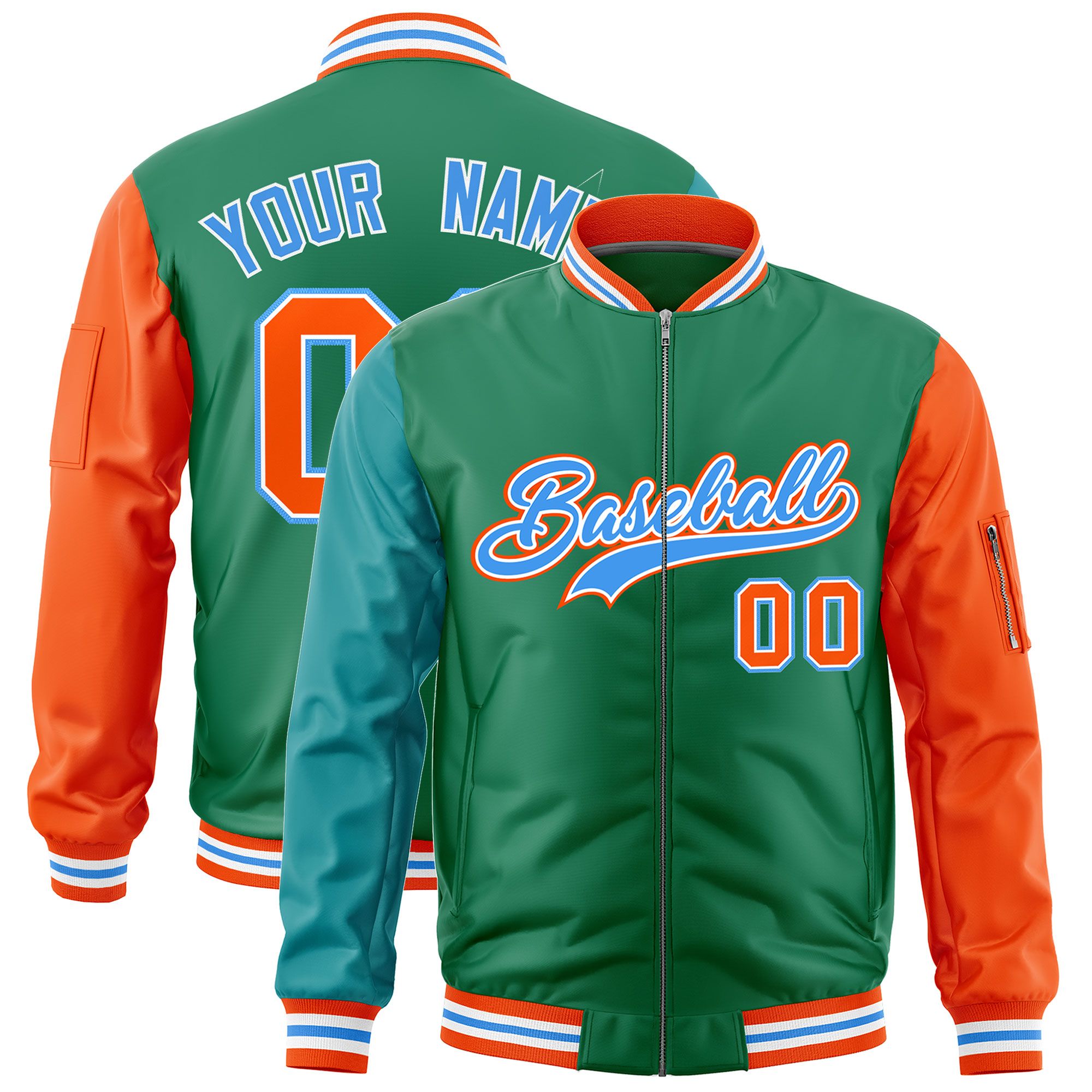 Custom Kelly Green Aqua Orange Varsity Full-Zip Raglan Sleeves Letterman Bomber Jacket