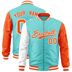 Custom Bright Green White Orange Varsity Full-Zip Raglan Sleeves Letterman Bomber Jacket