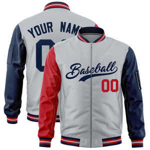 Custom Silver Red Navy Varsity Full-Zip Raglan Sleeves Letterman Bomber Jacket