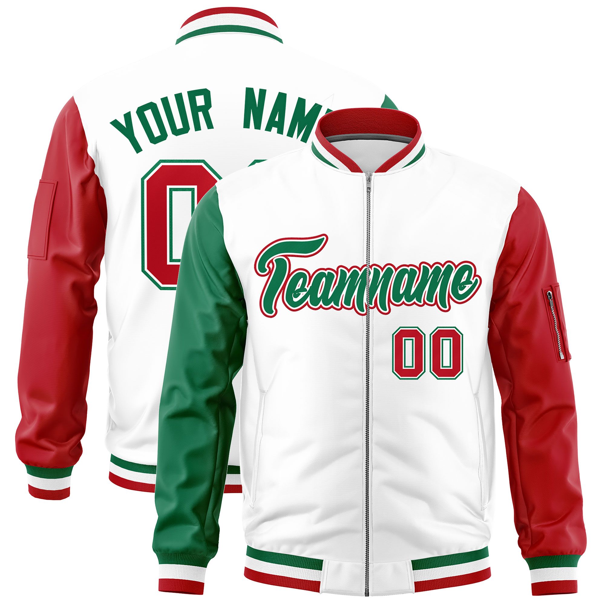 Custom White Kelly Green Red Varsity Full-Zip Raglan Sleeves Letterman Bomber Jacket