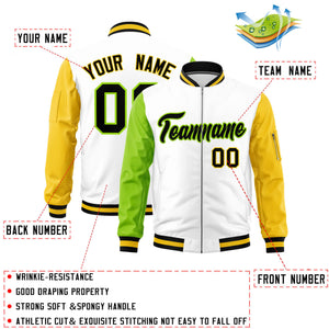 Custom White Neon Green Gold Varsity Full-Zip Raglan Sleeves Letterman Bomber Jacket