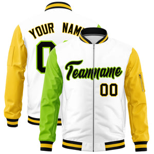 Custom White Neon Green Gold Varsity Full-Zip Raglan Sleeves Letterman Bomber Jacket