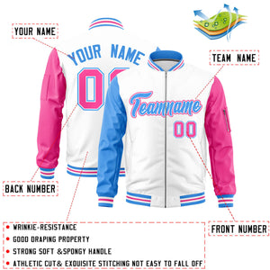 Custom White Powder Blue Pink Varsity Full-Zip Raglan Sleeves Letterman Bomber Jacket