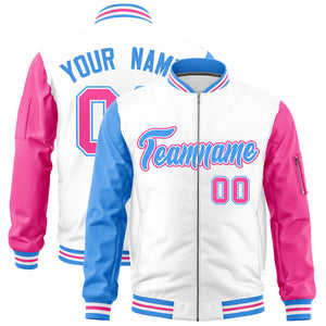 Custom White Powder Blue Pink Varsity Full-Zip Raglan Sleeves Letterman Bomber Jacket