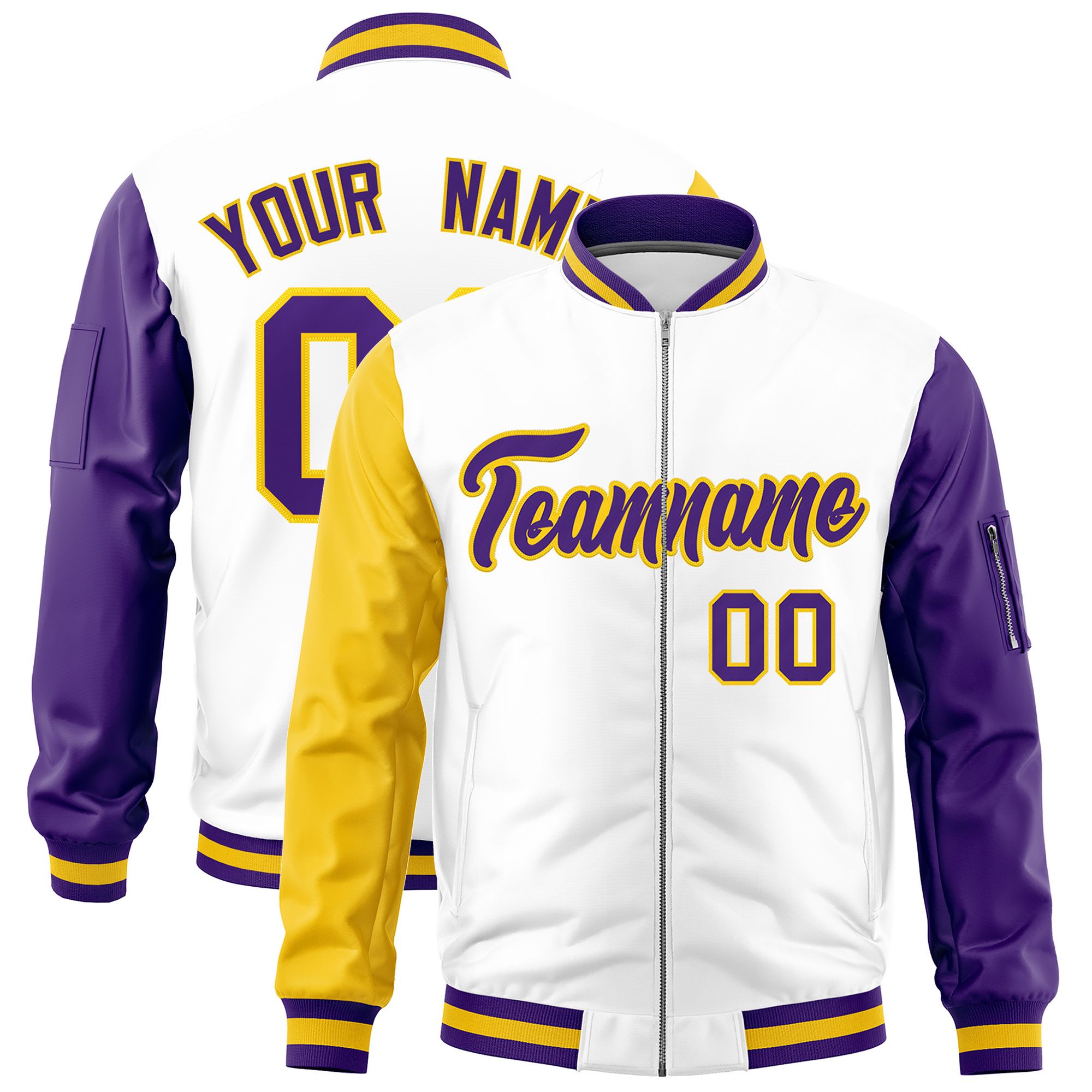 Custom White Gold Purple Varsity Full-Zip Raglan Sleeves Letterman Bomber Jacket