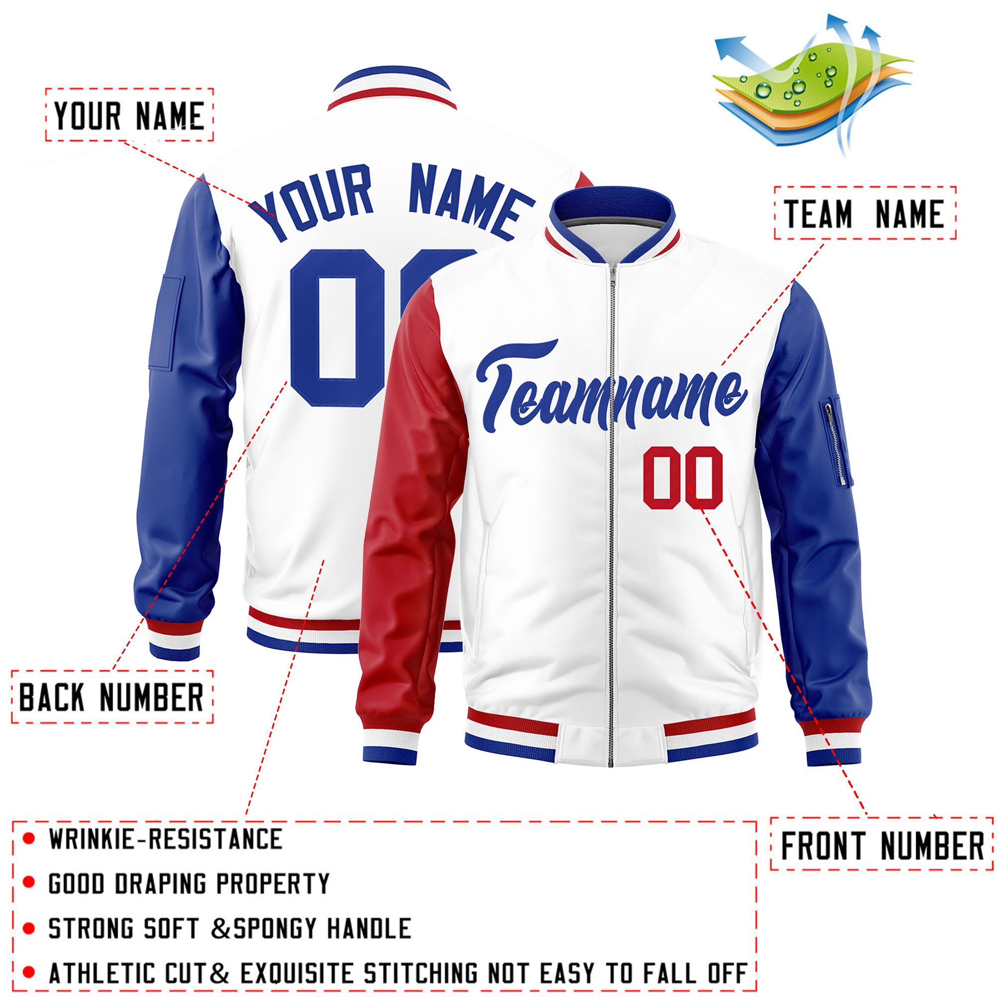 Custom White Red Royal Varsity Full-Zip Raglan Sleeves Letterman Bomber Jacket