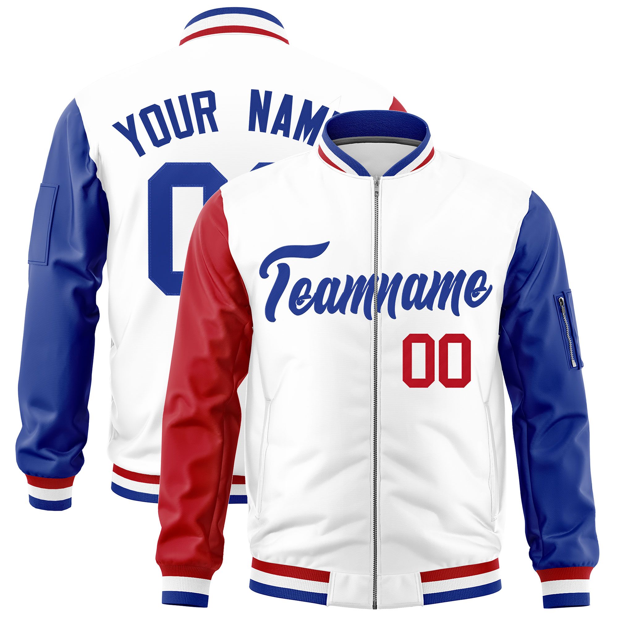 Custom White Red Royal Varsity Full-Zip Raglan Sleeves Letterman Bomber Jacket