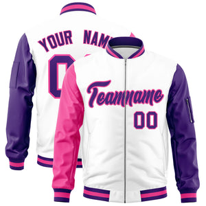 Custom White Pink Purple Varsity Full-Zip Raglan Sleeves Letterman Bomber Jacket