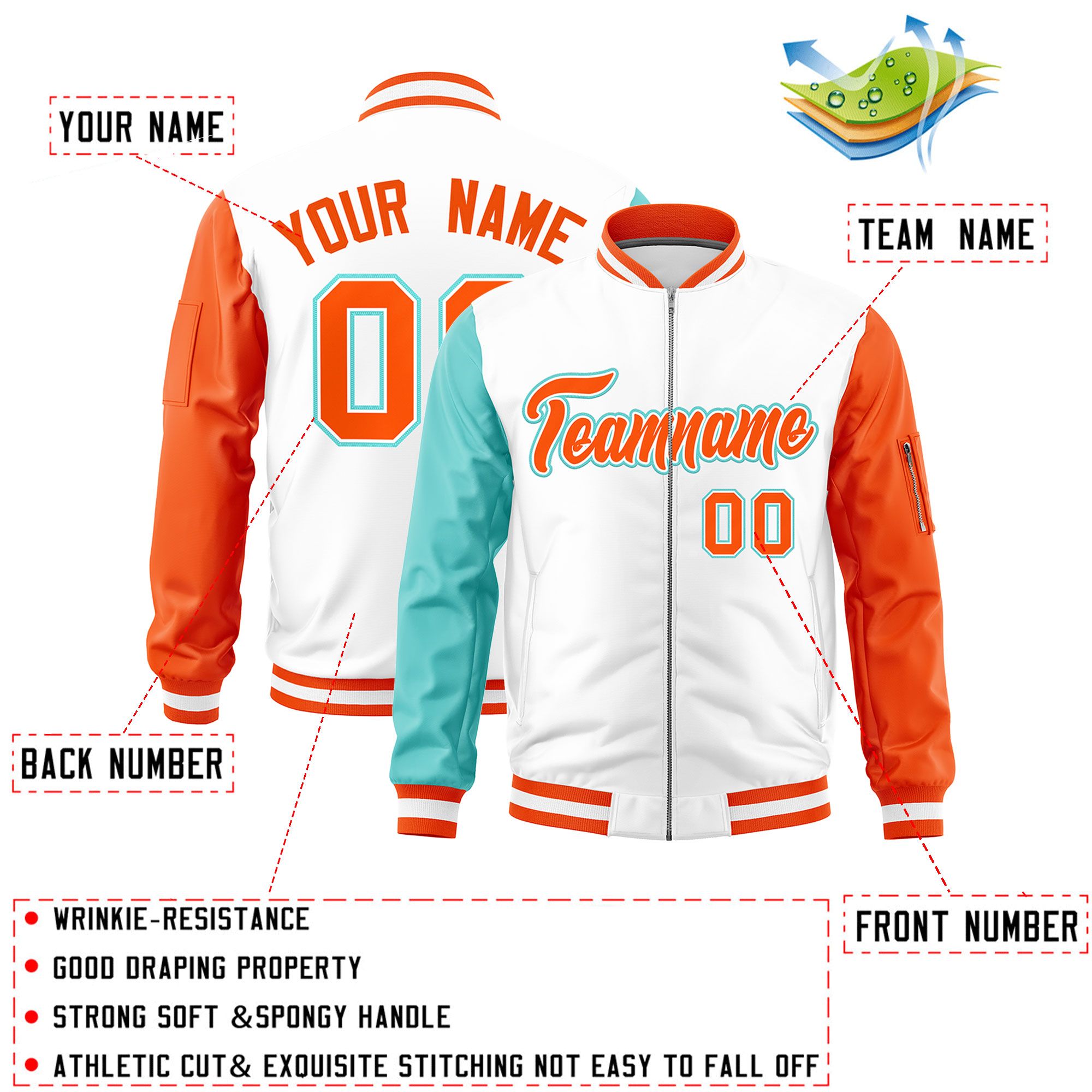 Custom White Bright Green Orange Varsity Full-Zip Raglan Sleeves Letterman Bomber Jacket