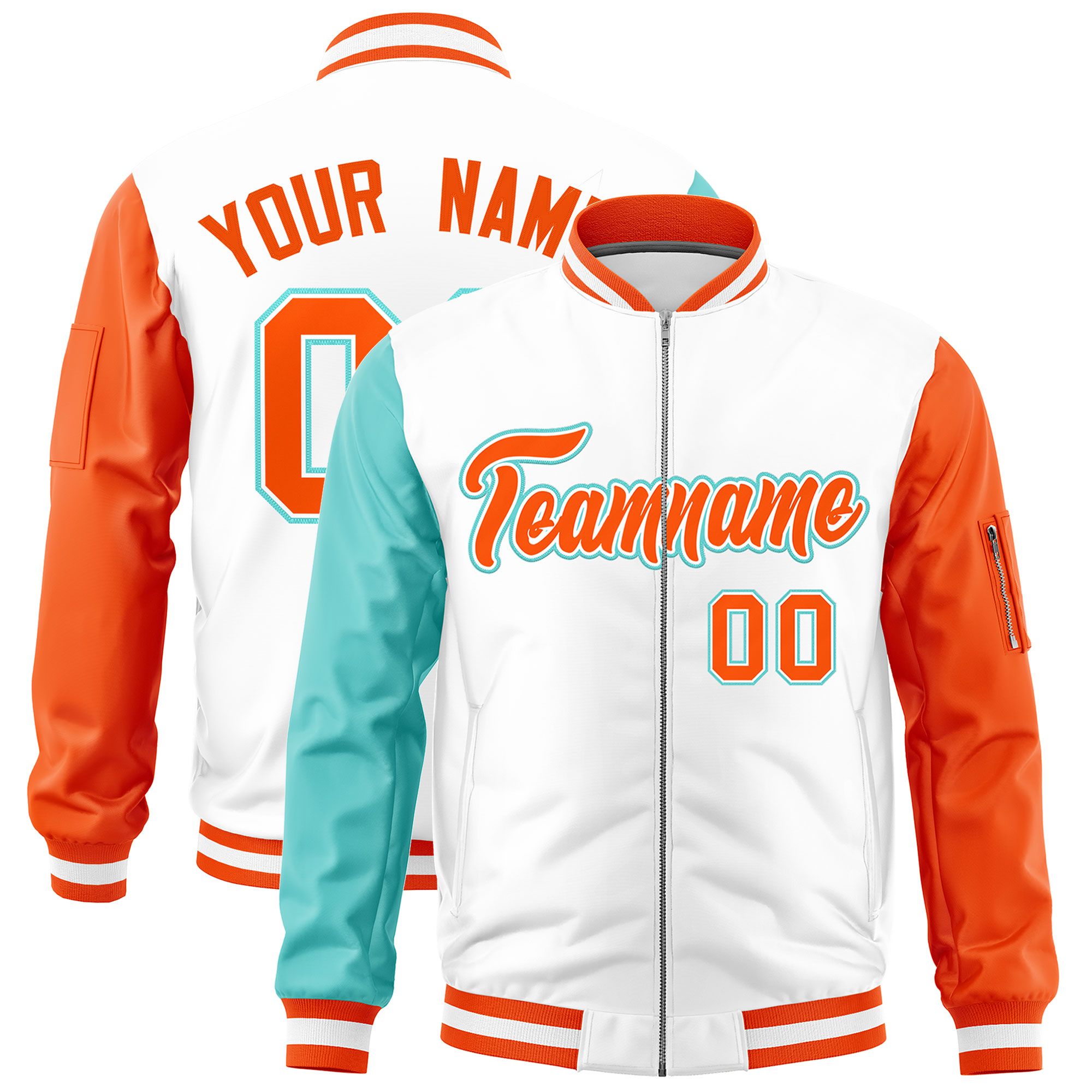 Custom White Bright Green Orange Varsity Full-Zip Raglan Sleeves Letterman Bomber Jacket