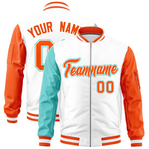 Custom White Bright Green Orange Varsity Full-Zip Raglan Sleeves Letterman Bomber Jacket