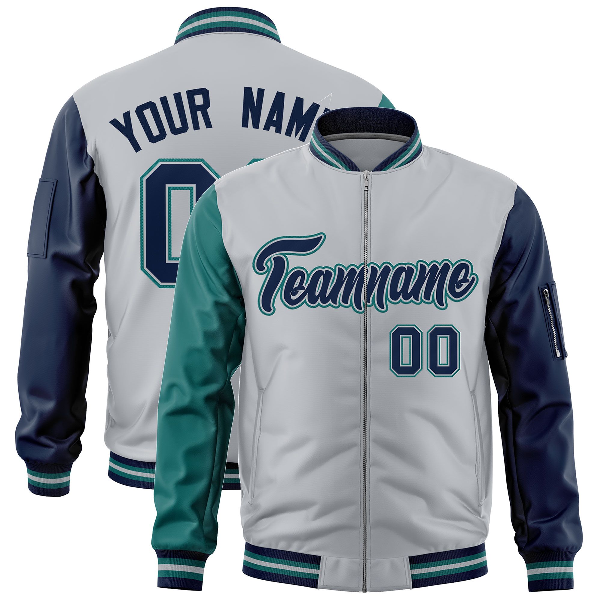 Custom Silver Aqua Navy Varsity Full-Zip Raglan Sleeves Letterman Bomber Jacket