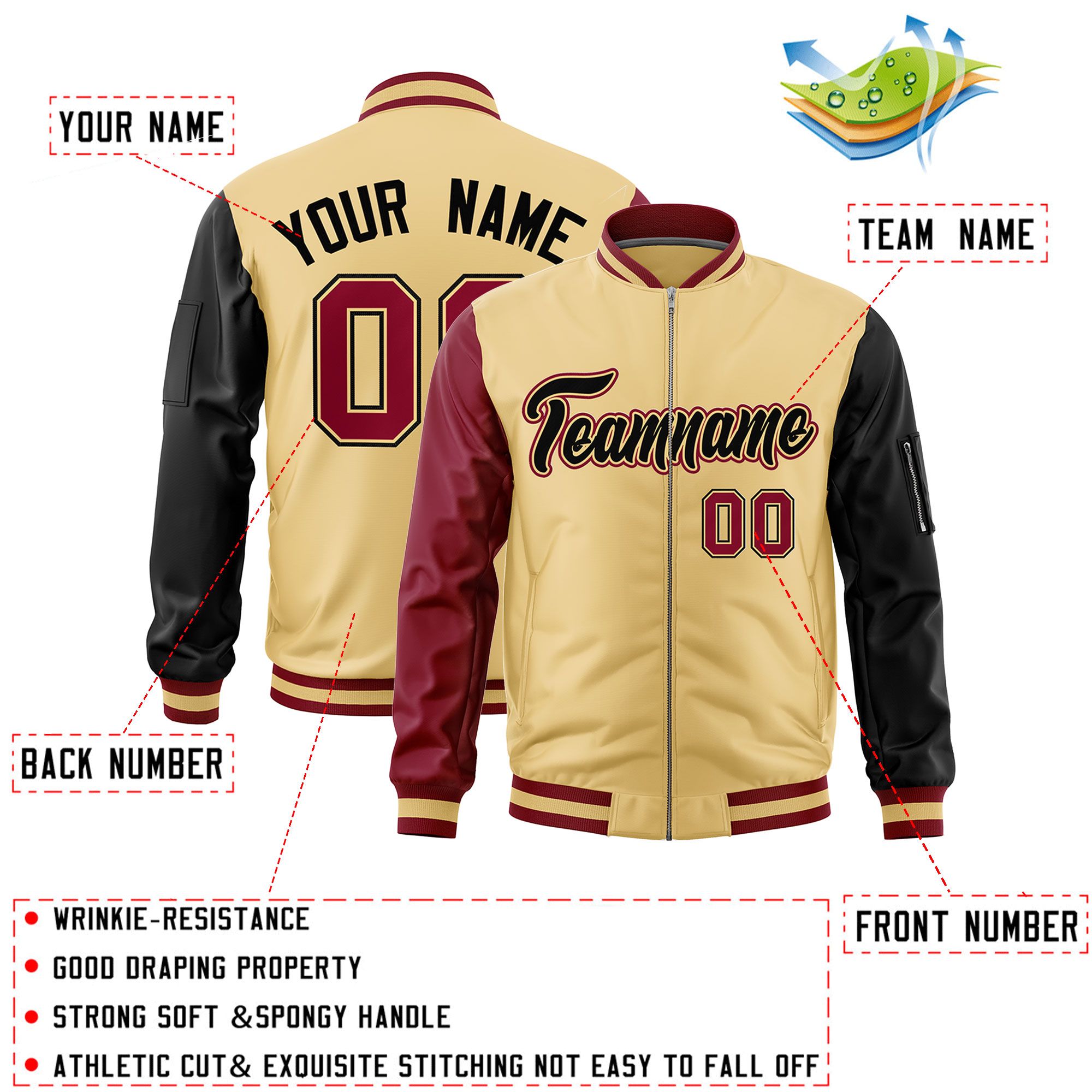 Custom Khaki Crimson Black Varsity Full-Zip Raglan Sleeves Letterman Bomber Jacket