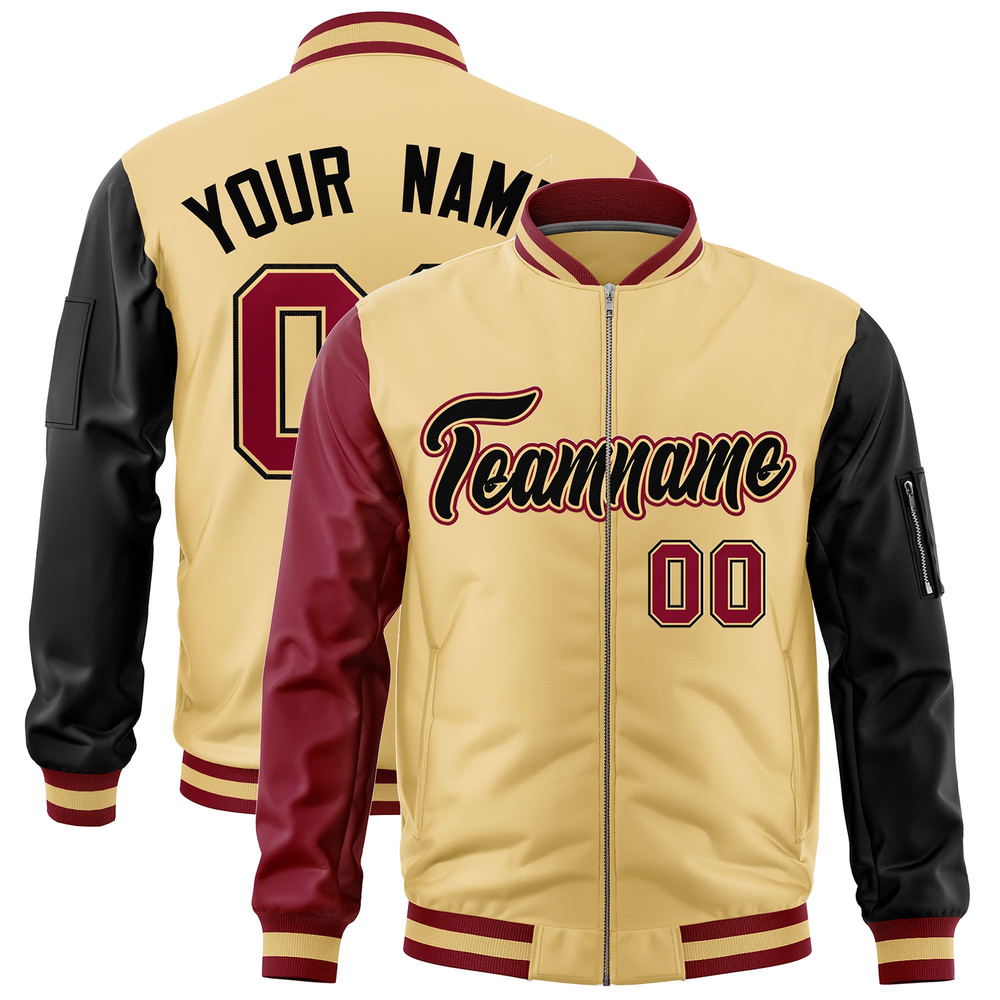 Custom Khaki Crimson Black Varsity Full-Zip Raglan Sleeves Letterman Bomber Jacket