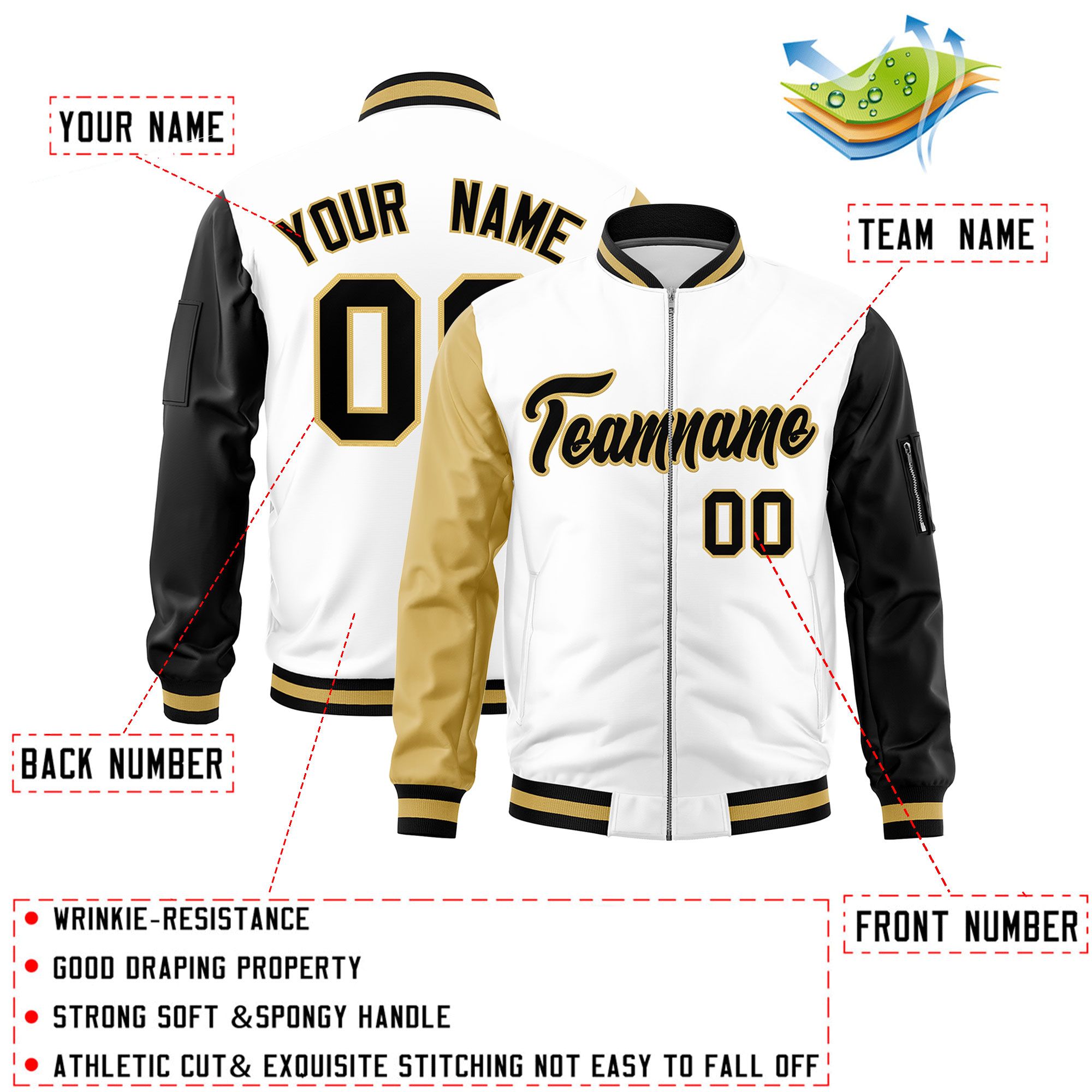 Custom White Old Gold Black Varsity Full-Zip Raglan Sleeves Letterman Bomber Jacket