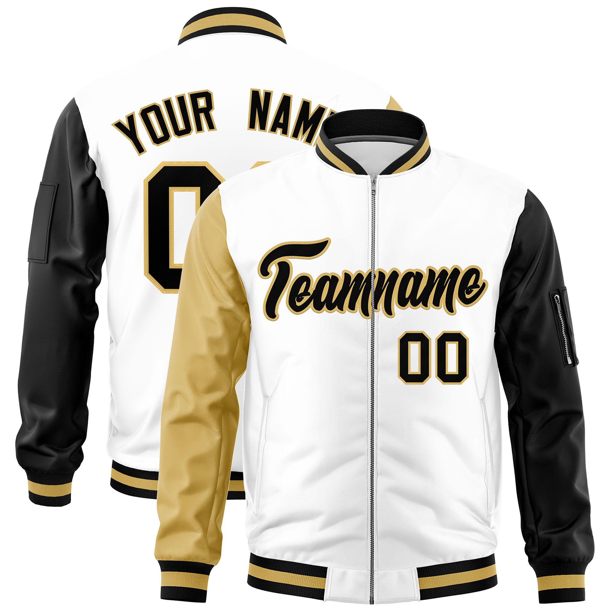 Custom White Old Gold Black Varsity Full-Zip Raglan Sleeves Letterman Bomber Jacket