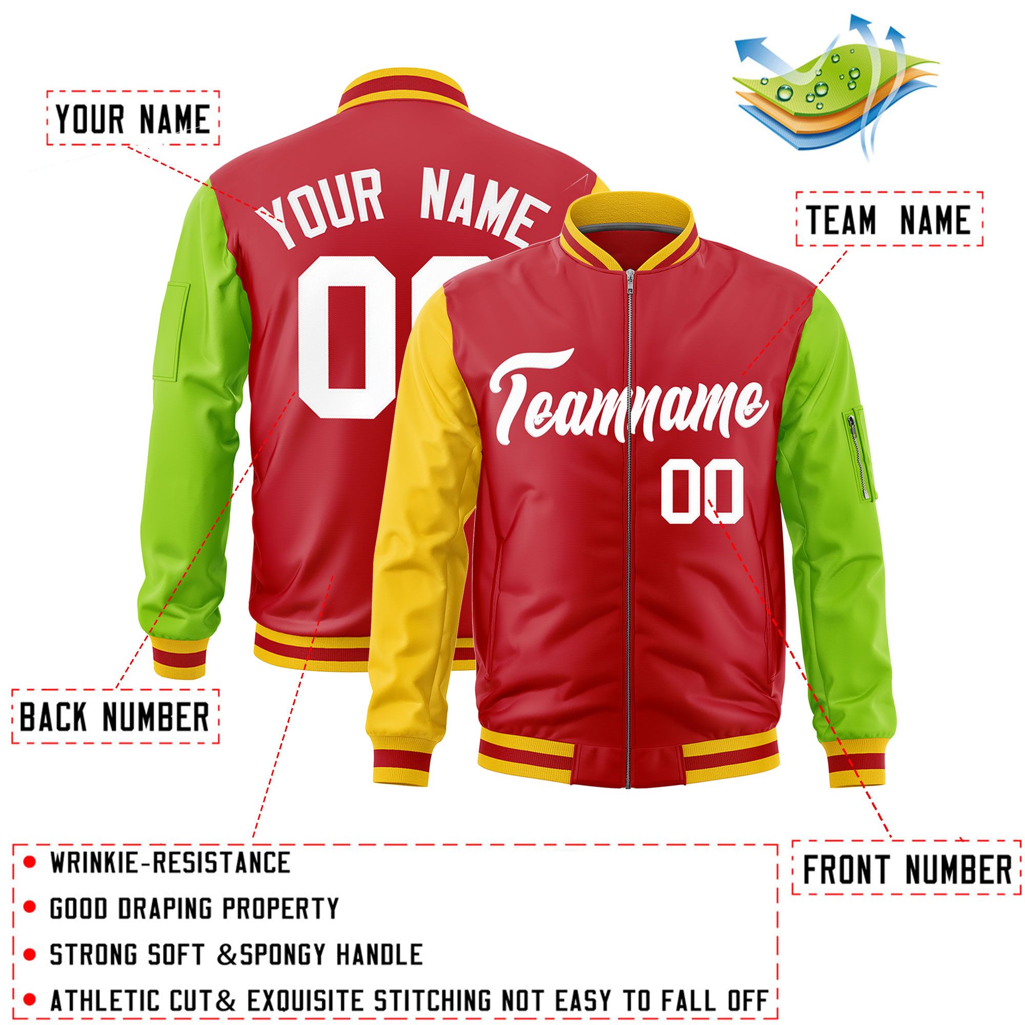 Custom Red Gold Neon Green Varsity Full-Zip Raglan Sleeves Letterman Bomber Jacket