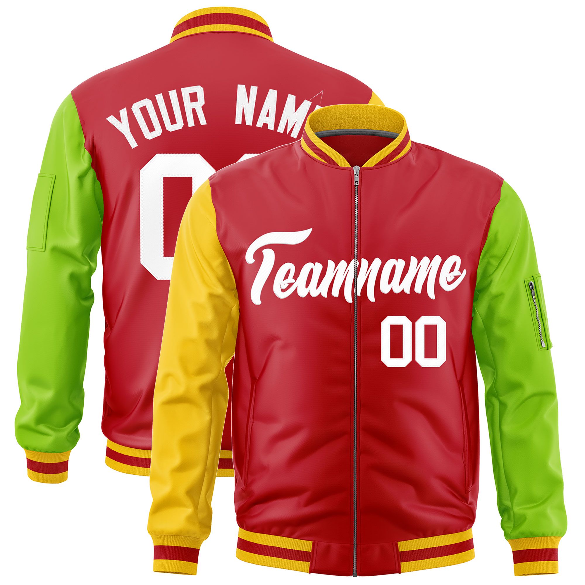 Custom Red Gold Neon Green Varsity Full-Zip Raglan Sleeves Letterman Bomber Jacket