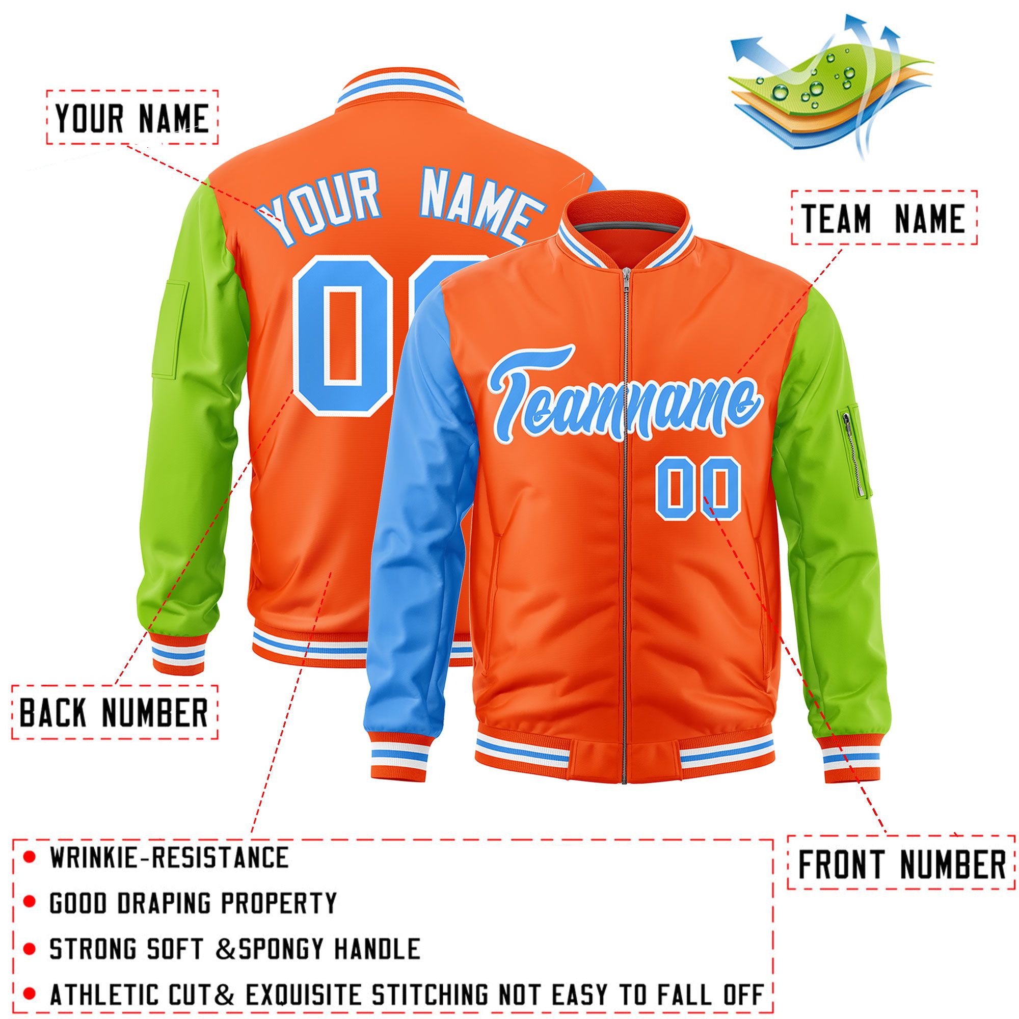 Custom Orange Powder Blue Neon Green Varsity Full-Zip Raglan Sleeves Letterman Bomber Jacket